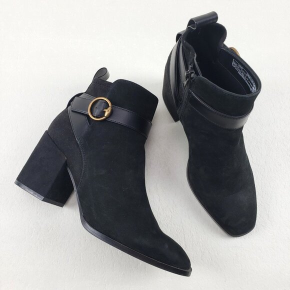 Vionic Tenley Ankle Boot Womens 7.5 Black Suede Side Zip Buckle Comfort Heeled - Picture 1 of 14